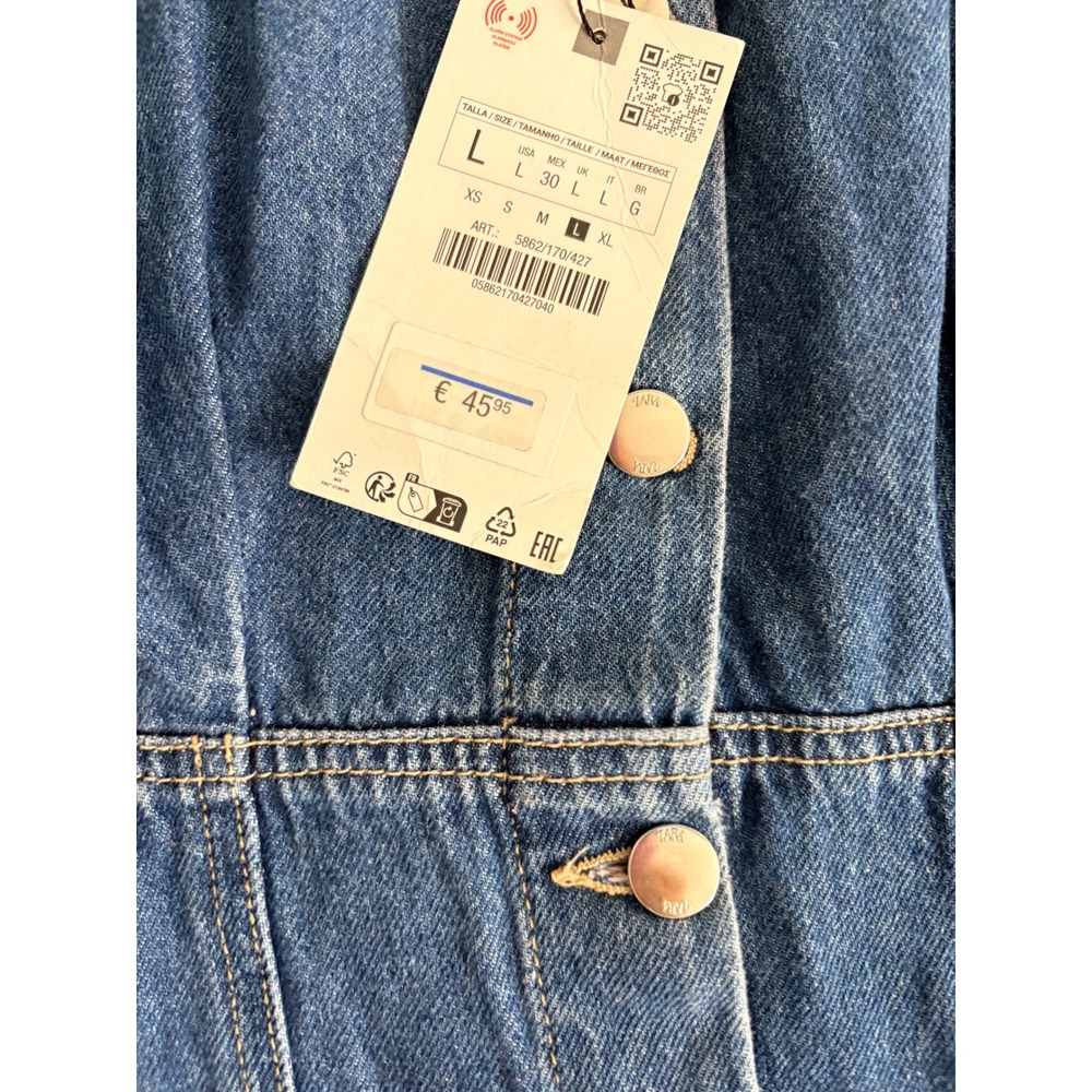 Zara Denim Mini Dress Large‎ Blue NEW Button Down Cap Sleeve Tailored Structured - Picture 7 of 8